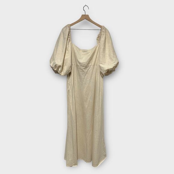 ASOS Square Neck Cotton Hemp Puff Sleeve Midi Dress Beige Size US 22 Plus Size - Picture 3 of 8